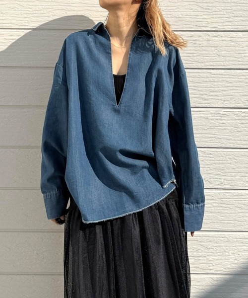 Q(キュー)の「デニムスキッパーシャツ(シャツ/ブラウス・レディース・アイボリー/ブルー・MEDIUM)」の21枚目の写真