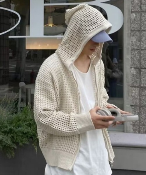 link lot(リンクロット)の「【UNISEX】フィンガーホール付き メッシュニット ジップアップ パーカー(パーカー・メンズ・アイボリー/ブラック・F)」の2枚目の写真