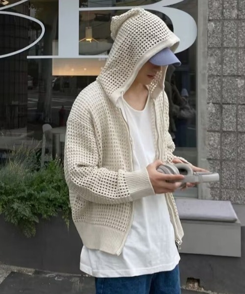 link lot(リンクロット)の「【UNISEX】フィンガーホール付き メッシュニット ジップアップ パーカー(パーカー・メンズ・アイボリー/ブラック・F)」の3枚目の写真