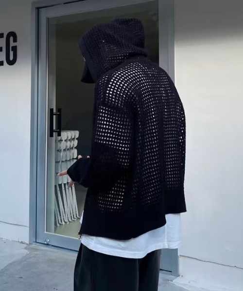 link lot(リンクロット)の「【UNISEX】フィンガーホール付き メッシュニット ジップアップ パーカー(パーカー・メンズ・アイボリー/ブラック・F)」の11枚目の写真