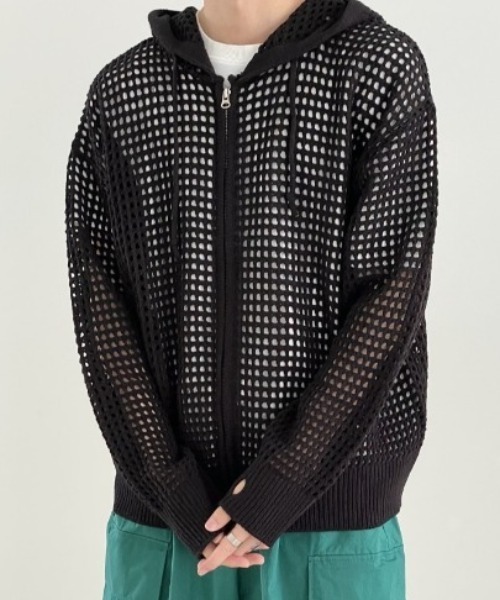 link lot(リンクロット)の「【UNISEX】フィンガーホール付き メッシュニット ジップアップ パーカー(パーカー・メンズ・アイボリー/ブラック・F)」の16枚目の写真