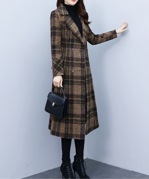LUCPY(ラクピー)の「チェック柄ベルト付きロングウールタッチコート(その他アウター・レディース・ブラウン・XX-LARGE/X-LARGE/LARGE/MEDIUM)」の3枚目の写真