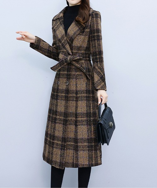 LUCPY(ラクピー)の「チェック柄ベルト付きロングウールタッチコート(その他アウター・レディース・ブラウン・XX-LARGE/X-LARGE/LARGE/MEDIUM)」の4枚目の写真