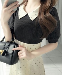 mily bilet（ミウィビレット）の「【mily bilet】待望の半袖ver.登場!ドット柄配色切り替えドッキングワンピース(ロング丈)（ワンピース）」