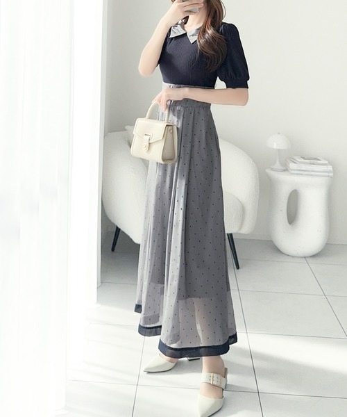 mily bilet(ミウィビレット)の「【mily bilet】待望の半袖ver.登場!ドット柄配色切り替えドッキングワンピース(ロング丈)(ワンピース・レディース・ネイビー/ブラック/アイボリー・LARGE/MEDIUM/SMALL/X-LARGE)」の9枚目の写真