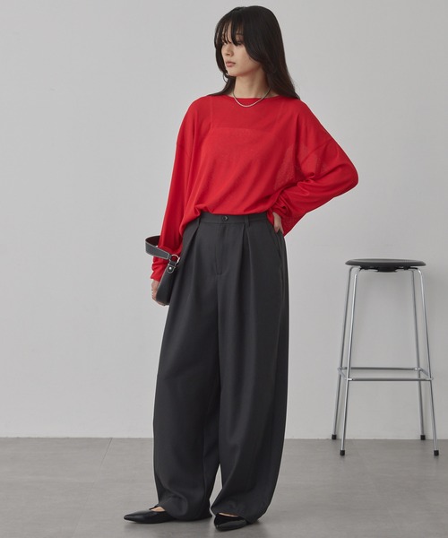 MONO-MART（モノマート）の「【anyway.シリーズ】とろみワイドタックバレル（洗える・速乾）パンツ〈セットアップ対応〉（スラックス・レディース・ダークブラウン/グレー系/グレー/ブラック系/ダークグレー/アイボリー/グレイッシュベージュ/ブラック・L/M/S）」の21枚目の写真