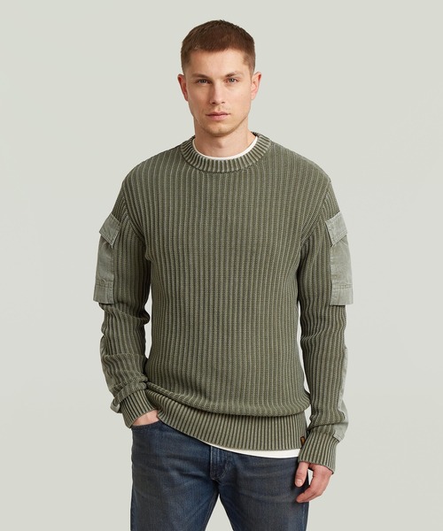 G-STAR(ジースター)の「Woven Mix Washed Knit Pullover/異素材ミックスミリタリーディテールウォッシュド加工ニットセーター(ニット/セーター・メンズ・グリーン系その他・LARGE/MEDIUM/SMALL/X-LARGE/X-SMALL)」の1枚目の写真