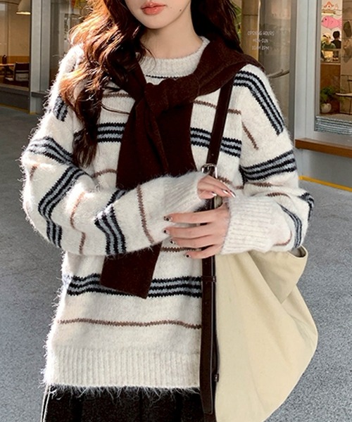 LYEON(リヨン)の「マルチボーダークルーネックオーバーサイズニット(ニット/セーター・レディース・ブラウン/アイボリー・FREE)」の1枚目の写真