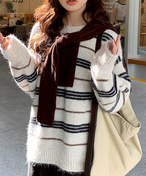 LYEON(リヨン)の「マルチボーダークルーネックオーバーサイズニット(ニット/セーター・レディース・ブラウン/アイボリー・FREE)」の15枚目の写真