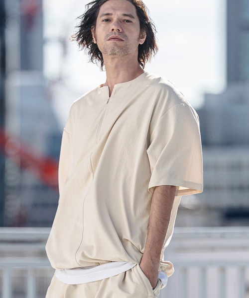 mt10185-Stretch Seersucker Zip Henley Neck Short Sleeve Pullover
