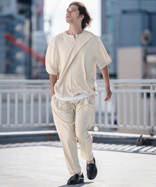 CAMBIO（カンビオ）の「mt10185-Stretch Seersucker Zip Henley Neck Short Sleeve Pullover 半袖プルオーバー(S65226cmb)（Tシャツ/カットソー・メンズ・ブラック/ベージュ/ネイビー/グレー・S/M/L）」の7枚目の写真
