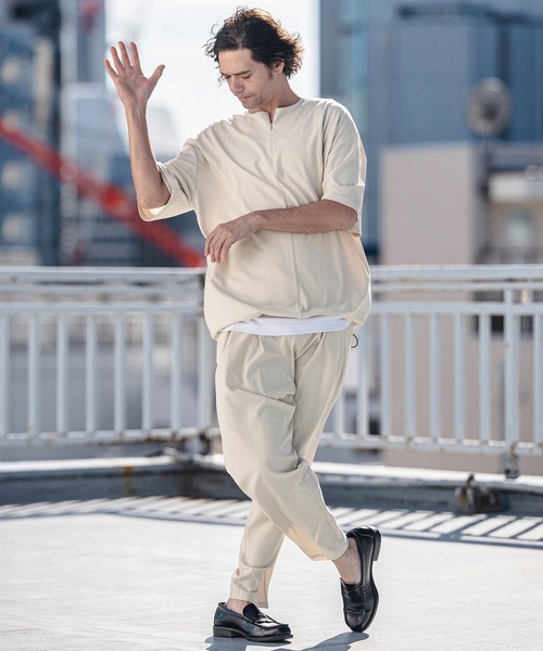 CAMBIO（カンビオ）の「mt10185-Stretch Seersucker Zip Henley Neck Short Sleeve Pullover 半袖プルオーバー(S65226cmb)（Tシャツ/カットソー・メンズ・ブラック/ベージュ/ネイビー/グレー・S/M/L）」の8枚目の写真