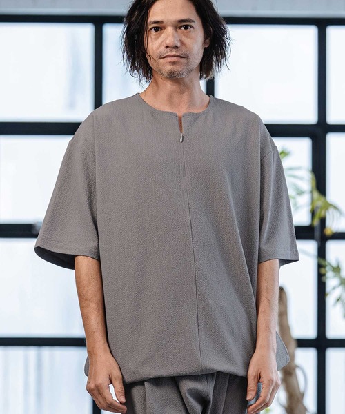 mt10185-Stretch Seersucker Zip Henley Neck Short Sleeve Pullover