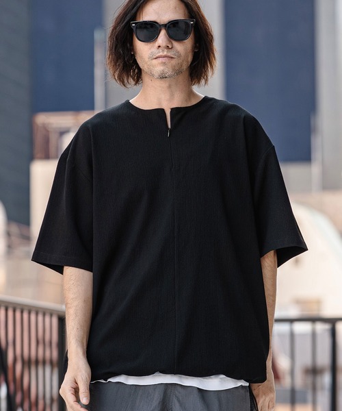 CAMBIO（カンビオ）の「mt10185-Stretch Seersucker Zip Henley Neck Short Sleeve Pullover 半袖プルオーバー(S65226cmb)（Tシャツ/カットソー・メンズ・ブラック/ベージュ/ネイビー/グレー・S/M/L）」の18枚目の写真