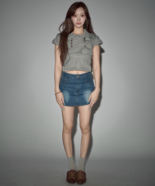 JilLA(ジルア)の「Denim Studded Mini Skirt Pants / デニムスタッズミニスカートパンツ(デニムスカート・レディース・ブルー・S/M)」の12枚目の写真