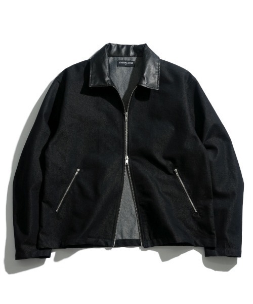 NOIZY(ノイジー)の「double zip collar PUleather short length twill/denim blouson /ダブルジップ エリ PU レザー ショートレングス ツイル/デニムブルゾン 短丈(ブルゾン・メンズ・ブラック/ブラック系その他・LARGE/MEDIUM)」の2枚目の写真