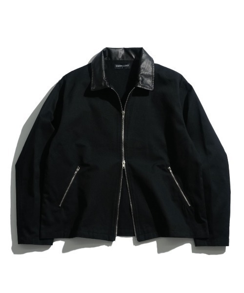 セール】double zip collar PUleather short length twill/denim