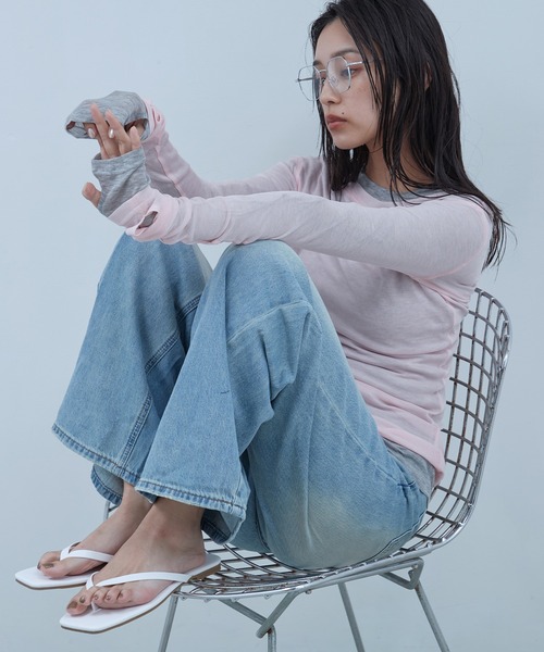 OFROOM（オフルーム）の「Sheer Long Sleeve Tee／シアーロングスリーブTEE（Tシャツ/カットソー・レディース・ネイビー/ブラック/ホワイト/ブルー/ピンク/グレー・FREE）」の6枚目の写真