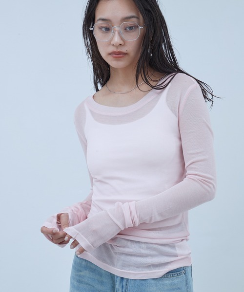 OFROOM（オフルーム）の「Sheer Long Sleeve Tee／シアーロングスリーブTEE（Tシャツ/カットソー・レディース・ネイビー/ブラック/ホワイト/ブルー/ピンク/グレー・FREE）」の12枚目の写真