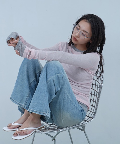 OFROOM（オフルーム）の「Sheer Long Sleeve Tee／シアーロングスリーブTEE（Tシャツ/カットソー・レディース・ネイビー/ブラック/ホワイト/ブルー/ピンク/グレー・FREE）」の17枚目の写真