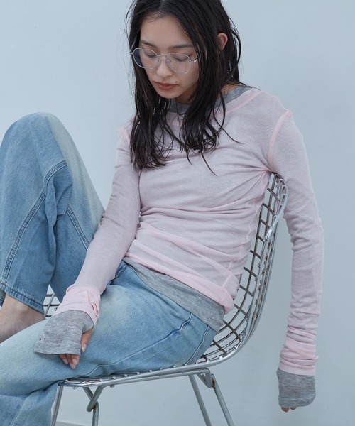 OFROOM（オフルーム）の「Sheer Long Sleeve Tee／シアーロングスリーブTEE（Tシャツ/カットソー・レディース・ネイビー/ブラック/ホワイト/ブルー/ピンク/グレー・FREE）」の18枚目の写真