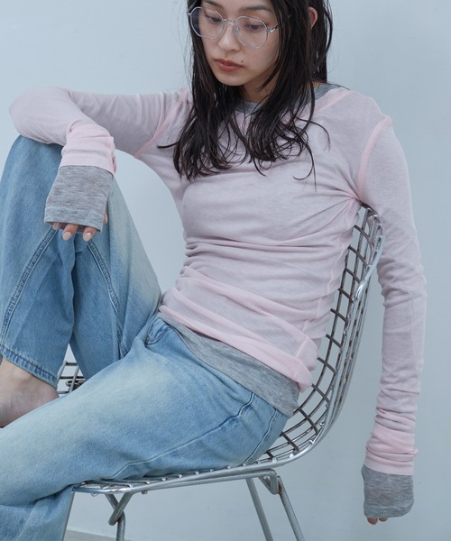 OFROOM（オフルーム）の「Sheer Long Sleeve Tee／シアーロングスリーブTEE（Tシャツ/カットソー・レディース・ネイビー/ブラック/ホワイト/ブルー/ピンク/グレー・FREE）」の19枚目の写真