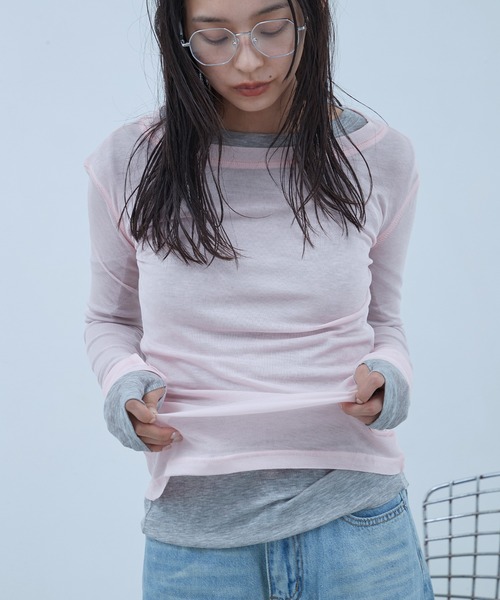 OFROOM（オフルーム）の「Sheer Long Sleeve Tee／シアーロングスリーブTEE（Tシャツ/カットソー・レディース・ネイビー/ブラック/ホワイト/ブルー/ピンク/グレー・FREE）」の20枚目の写真
