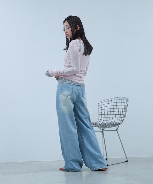 OFROOM（オフルーム）の「Sheer Long Sleeve Tee／シアーロングスリーブTEE（Tシャツ/カットソー・レディース・ネイビー/ブラック/ホワイト/ブルー/ピンク/グレー・FREE）」の16枚目の写真
