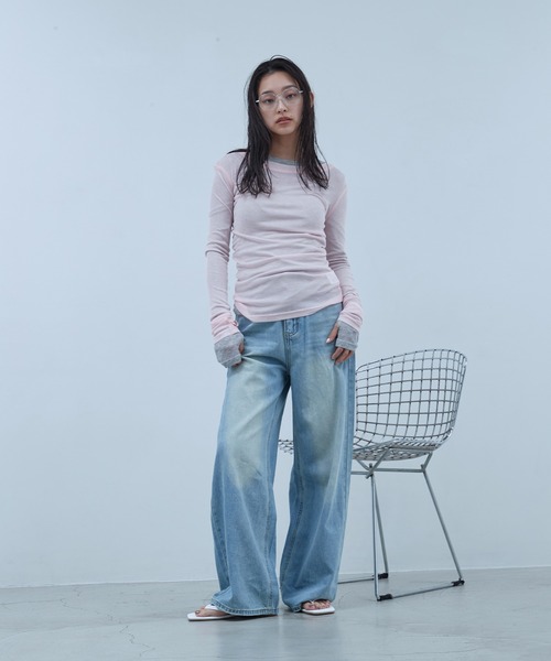 OFROOM（オフルーム）の「Sheer Long Sleeve Tee／シアーロングスリーブTEE（Tシャツ/カットソー・レディース・ネイビー/ブラック/ホワイト/ブルー/ピンク/グレー・FREE）」の14枚目の写真