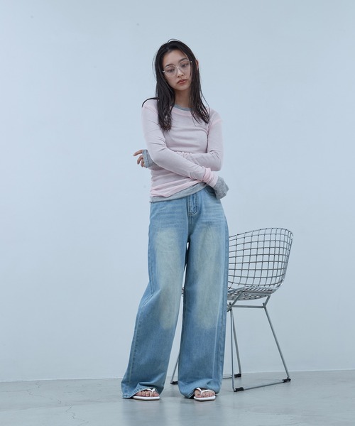 OFROOM（オフルーム）の「Sheer Long Sleeve Tee／シアーロングスリーブTEE（Tシャツ/カットソー・レディース・ネイビー/ブラック/ホワイト/ブルー/ピンク/グレー・FREE）」の15枚目の写真