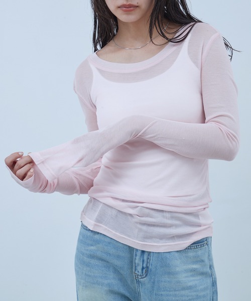 OFROOM（オフルーム）の「Sheer Long Sleeve Tee／シアーロングスリーブTEE（Tシャツ/カットソー・レディース・ネイビー/ブラック/ホワイト/ブルー/ピンク/グレー・FREE）」の7枚目の写真