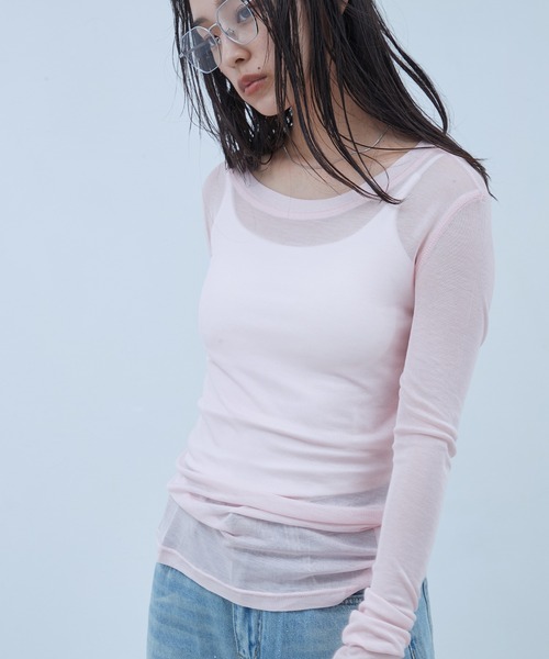 OFROOM（オフルーム）の「Sheer Long Sleeve Tee／シアーロングスリーブTEE（Tシャツ/カットソー・レディース・ネイビー/ブラック/ホワイト/ブルー/ピンク/グレー・FREE）」の9枚目の写真