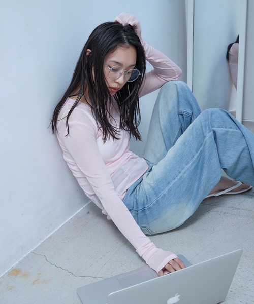 OFROOM（オフルーム）の「Sheer Long Sleeve Tee／シアーロングスリーブTEE（Tシャツ/カットソー・レディース・ネイビー/ブラック/ホワイト/ブルー/ピンク/グレー・FREE）」の22枚目の写真