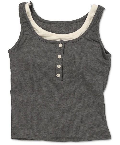 SPINNS(スピンズ)の「レイヤード風カップ付きタンクトップ/ヘンリーネック(タンクトップ・レディース・オフホワイト/グレー/ブラック/ブラウン/レッド・ONESIZE)」の3枚目の写真