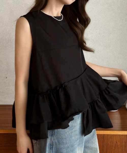 Eclat one(エクラワン)の「【Eclat one】裾ティアードフリル ノースリーブカットソー ◎(Tシャツ/カットソー・レディース・ホワイト/ブラック・FREE)」の7枚目の写真