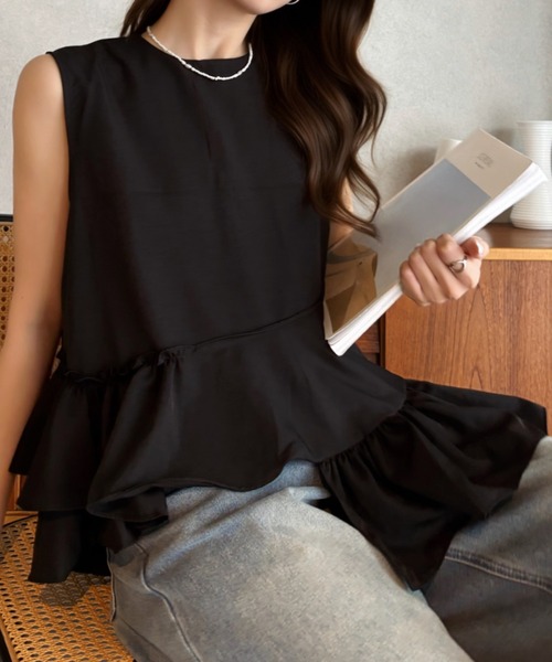 Eclat one(エクラワン)の「【Eclat one】裾ティアードフリル ノースリーブカットソー ◎(Tシャツ/カットソー・レディース・ホワイト/ブラック・FREE)」の11枚目の写真