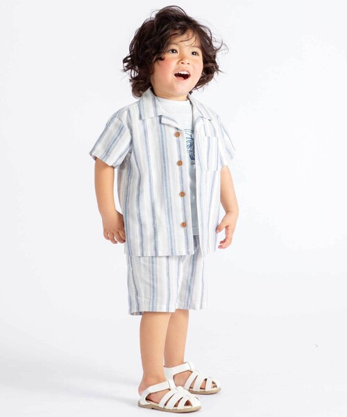 BeBe（ベベ）の「【お揃い】リネン調マルチストライプハーフパンツ(80~100cm)（その他パンツ・キッズ・ブルー系その他2・90cm）」の3枚目の写真