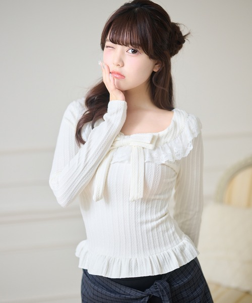 Anely(アネリー)の「ラウンドネック レース リボン プルオーバー(Tシャツ/カットソー・レディース・ピンク/アイボリー・FREE)」の1枚目の写真