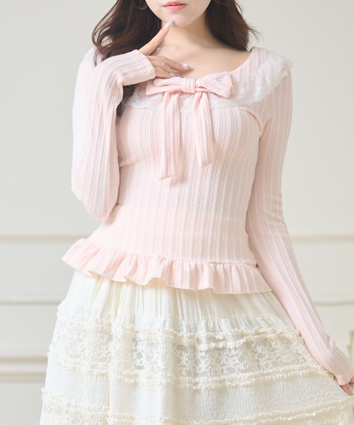 Anely(アネリー)の「ラウンドネック レース リボン プルオーバー(Tシャツ/カットソー・レディース・ピンク/アイボリー・FREE)」の7枚目の写真