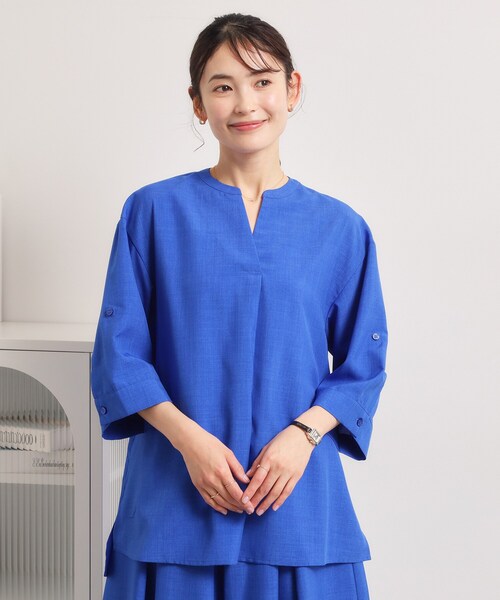 ITS'DEMO(イッツデモ)の「【UV/冷感/速乾】麻調合繊スキッパーチュニック(シャツ/ブラウス・レディース・ライトグリーン/グリーン/オレンジ系/ブルー系その他/ネイビー・00)」の5枚目の写真