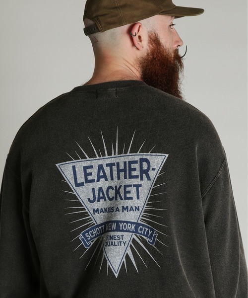 Schott(ショット)の「Schott/ショット/CREW SWEAT LEATHER JACKET MAKES A MAN/クルー スウェット レザー ジャケット メイクスアマン(スウェット・メンズ・ブラック/ダークグリーン・XL/2XL/L/M)」の1枚目の写真