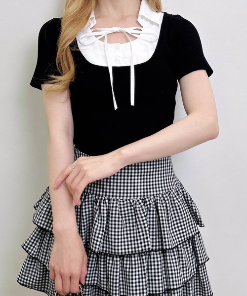 INGNI（イング）の「アソート柄シャツドッキング半袖リブニット（ニット/セーター・レディース・ブラック系9/ブラック×ホワイト/ネイビー系8・M）」の5枚目の写真