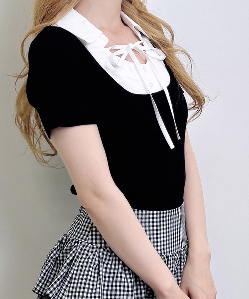 INGNI（イング）の「アソート柄シャツドッキング半袖リブニット（ニット/セーター・レディース・ブラック系9/ブラック×ホワイト/ネイビー系8・M）」の7枚目の写真