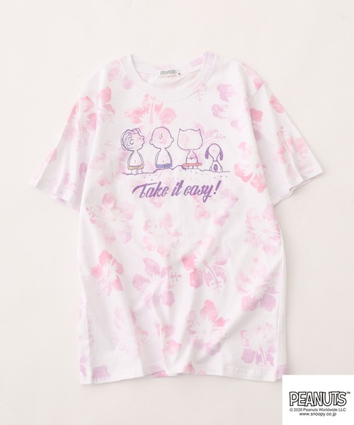 PEANUTS（ピーナッツ）の「PEANUTS ハイビスカス総柄プリントTシャツ 半袖（Tシャツ/カットソー・レディース・ピンク系/サックスブルー系/パープル系・M/L/LL）」の19枚目の写真