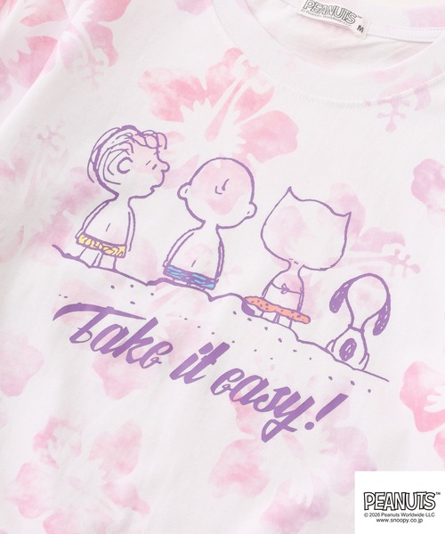 PEANUTS（ピーナッツ）の「PEANUTS ハイビスカス総柄プリントTシャツ 半袖（Tシャツ/カットソー・レディース・ピンク系/サックスブルー系/パープル系・M/L/LL）」の21枚目の写真