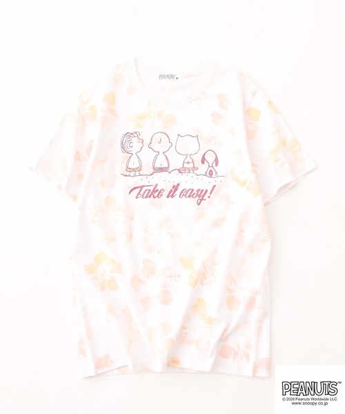 PEANUTS（ピーナッツ）の「PEANUTS ハイビスカス総柄プリントTシャツ 半袖（Tシャツ/カットソー・レディース・ピンク系/サックスブルー系/パープル系・M/L/LL）」の18枚目の写真