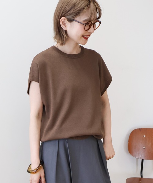 AMERICAN HOLIC（アメリカンホリック）の「【WEB限定】接触冷感ラメフレンチスリーブニットプルオーバー（ニット/セーター・レディース・ブラウン/ベージュ/ピンク/ネイビー/グレー・L/M）」の6枚目の写真