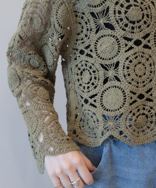 美品 FOXEY NEW YORK 洗える ベロア ショートボレロ カーディガン クロシェニットVネックカーディガン（カーディガン/ボレロ）｜AMERICAN