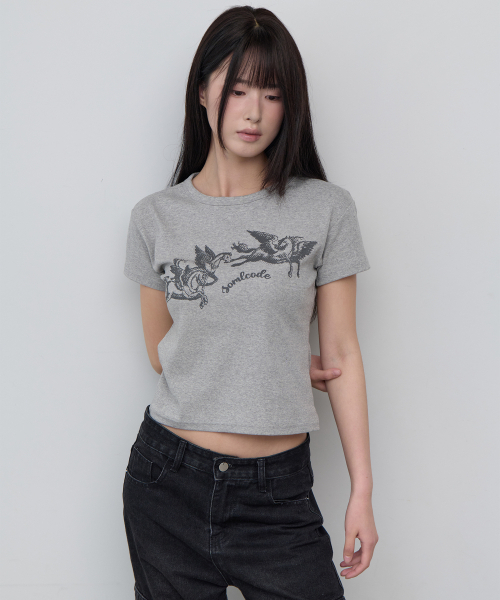 5OML（オーオーエムエル）の「ホース スリムクロップショートスリーブメランジグレー（Tシャツ/カットソー・レディース・グレー・FREE）」の2枚目の写真