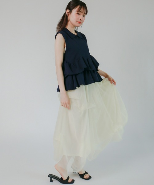 mic by Olu.（ミックバイオルドット）の「＜ ZOZOTOWN限定 ＞ソフトチュールタックスカート（デニムスカート・レディース・ブラック/アイボリー・FREE）」の3枚目の写真